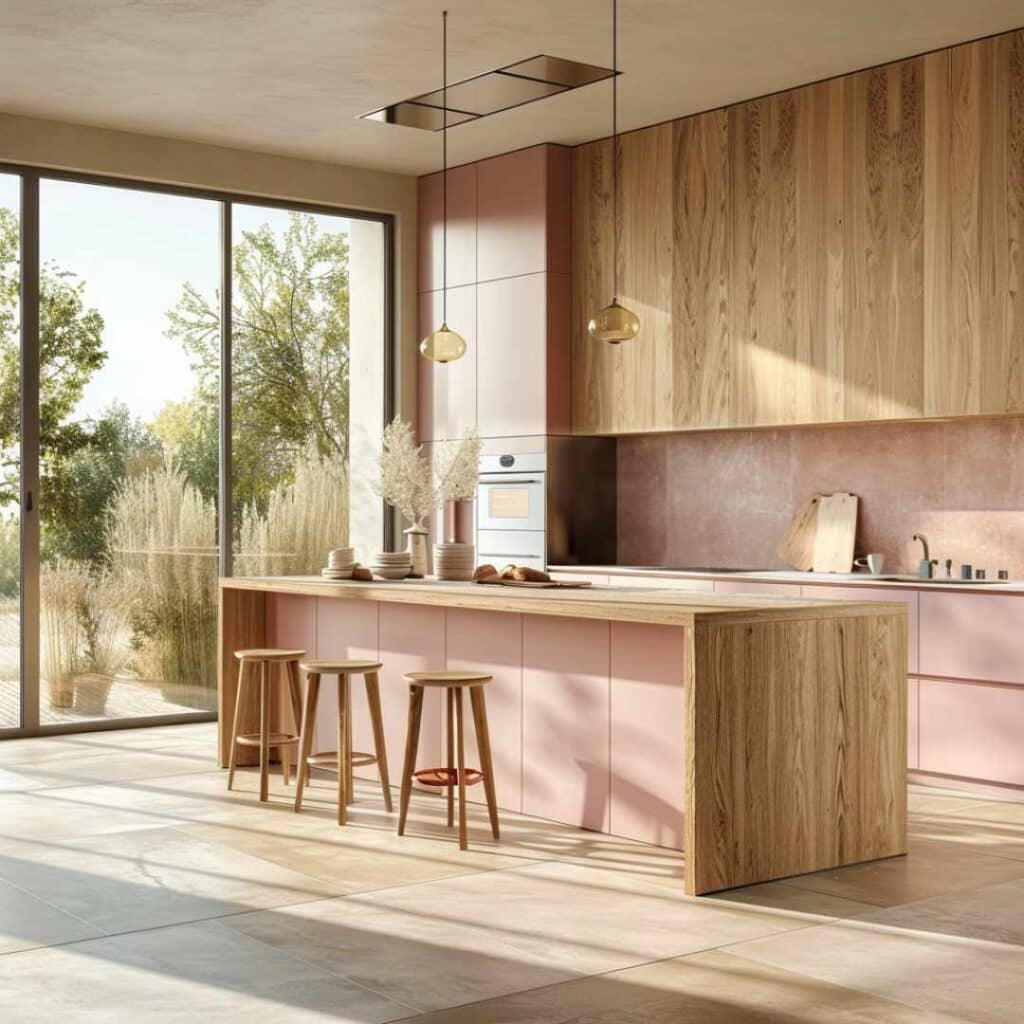 Nordisk lyserødt køkken med køkkenø, træfronter og elegant skandinavisk design.