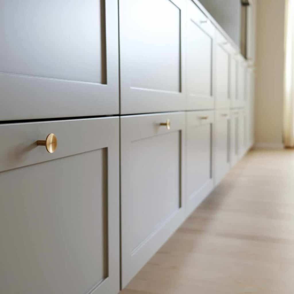 Closeup af lysegrå køkkenfronter med elegante detaljer og messinggreb i et stilrent og tidløst køkkendesign..
